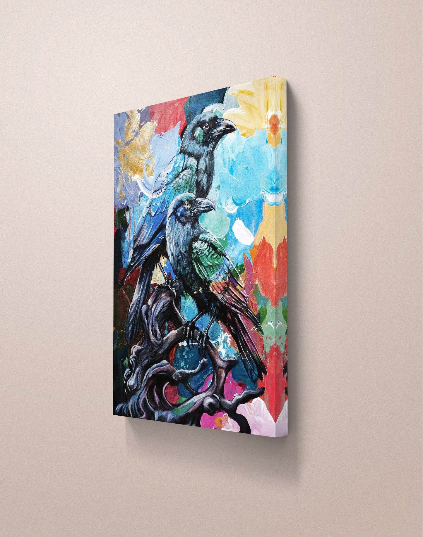 H1Z ART Acrylbild Gemälde Raben auf Ast – handgemaltes Original Acrylbild (50 x 70 cm)