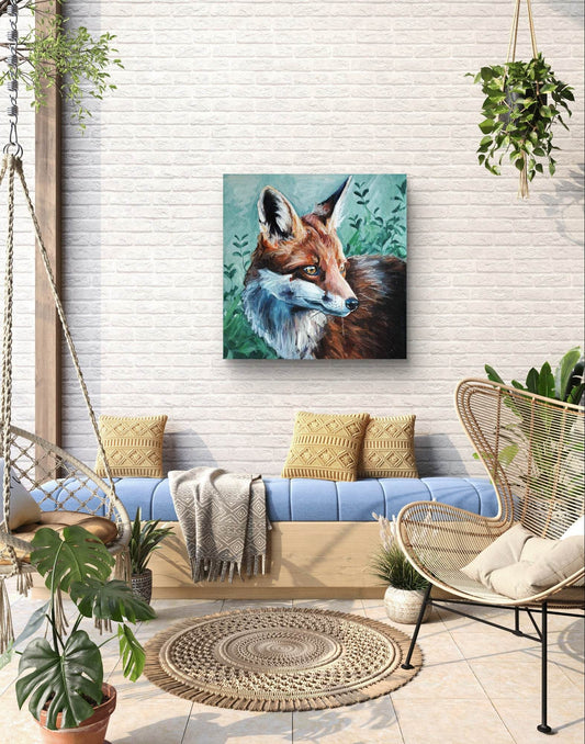 Expressiv-realistisches Gemälde Fuchs am Bach – handgemaltes Original Acrylbild (70 x 70 cm) auf Leinwand von H1Z ART in lebendiger Atmosphäre