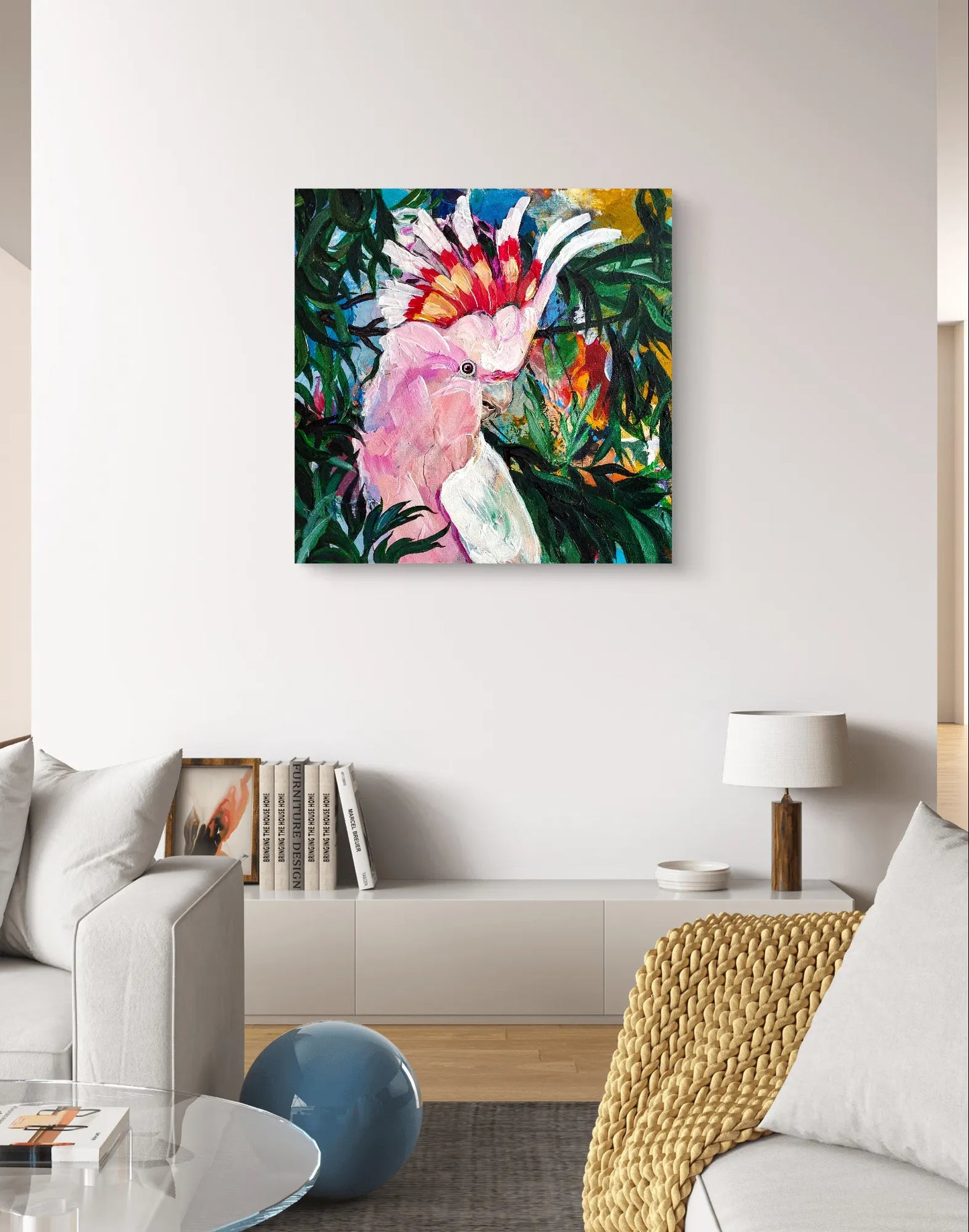 H1Z ART Acrylbild Gemälde Versteckter Rosakakadu – handgemaltes Original Acrylbild (40 x 40 cm)