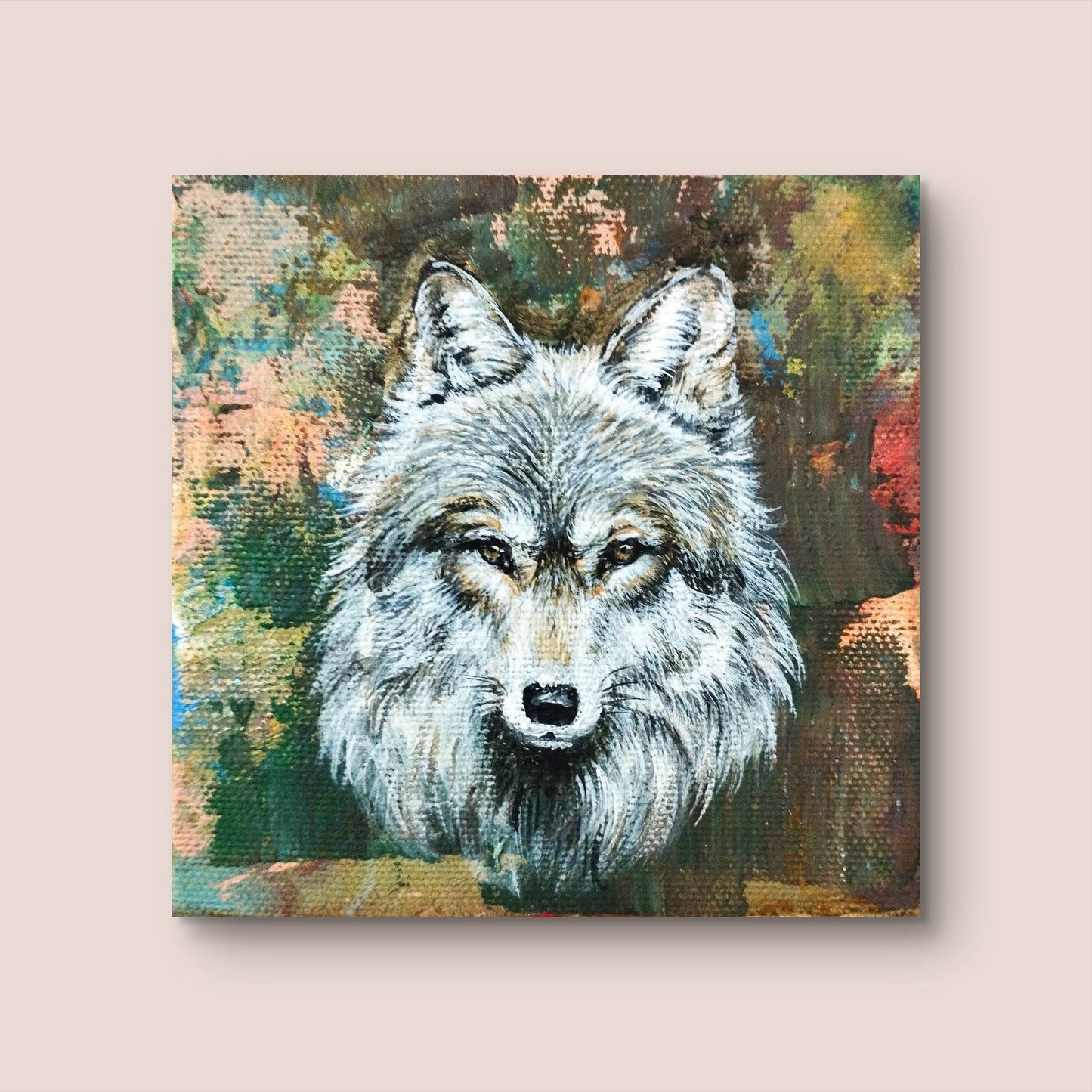 H1Z ART Acrylbild Gemälde grauer Wolf – handgemaltes Original Acrylbild (10 x 10 cm)