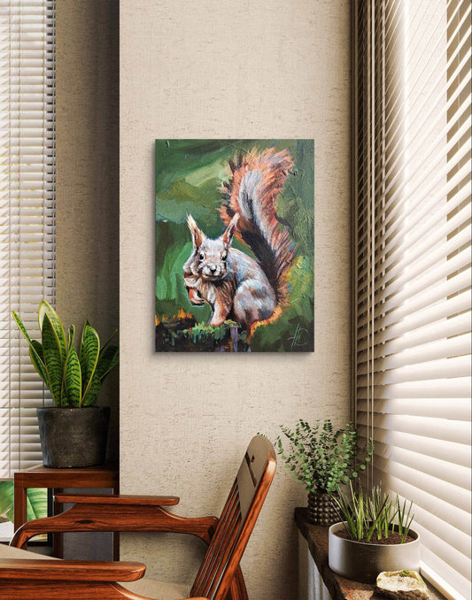 Expressiv-realistisches Gemälde Neugieriges Eichhörnchen – handgemaltes Original Acrylbild (30 x 40 cm) auf Leinwand von H1Z ART in lebendiger Atmosphäre