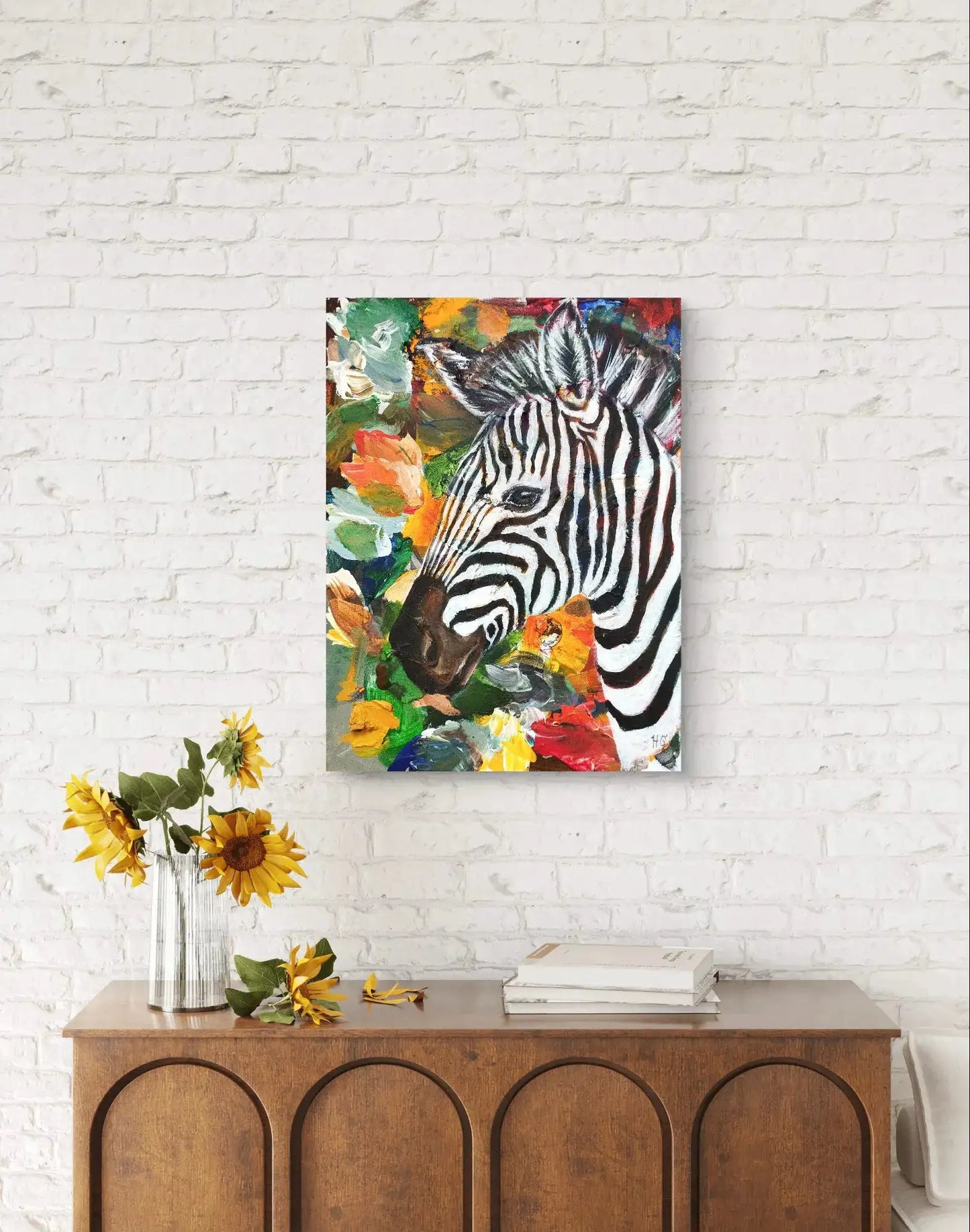 Handgemaltes Zebra Acrylgemälde 30×40 cm – Schwarz-Weiß-Kontrast vor warmem Savannenhintergrund