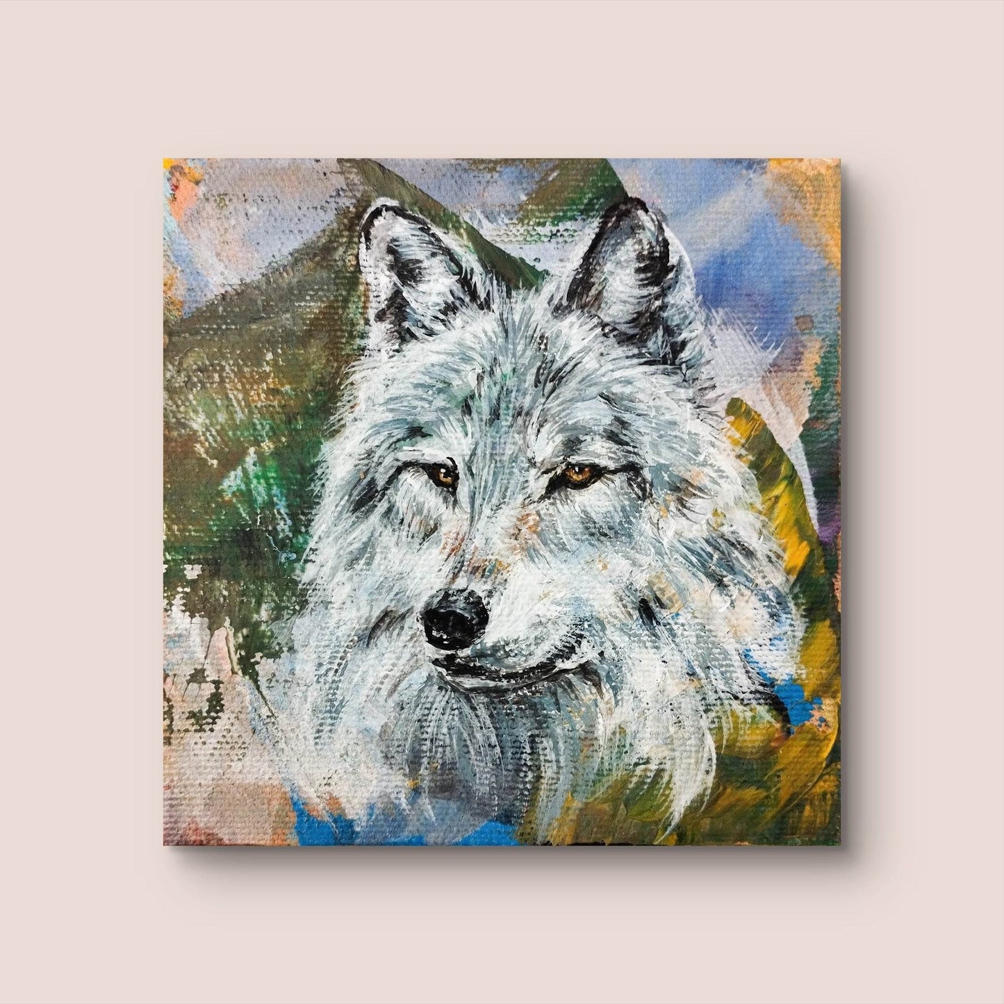 H1Z ART Acrylbild Gemälde Wolf – handgemaltes Original Acrylbild (10 x 10 cm)