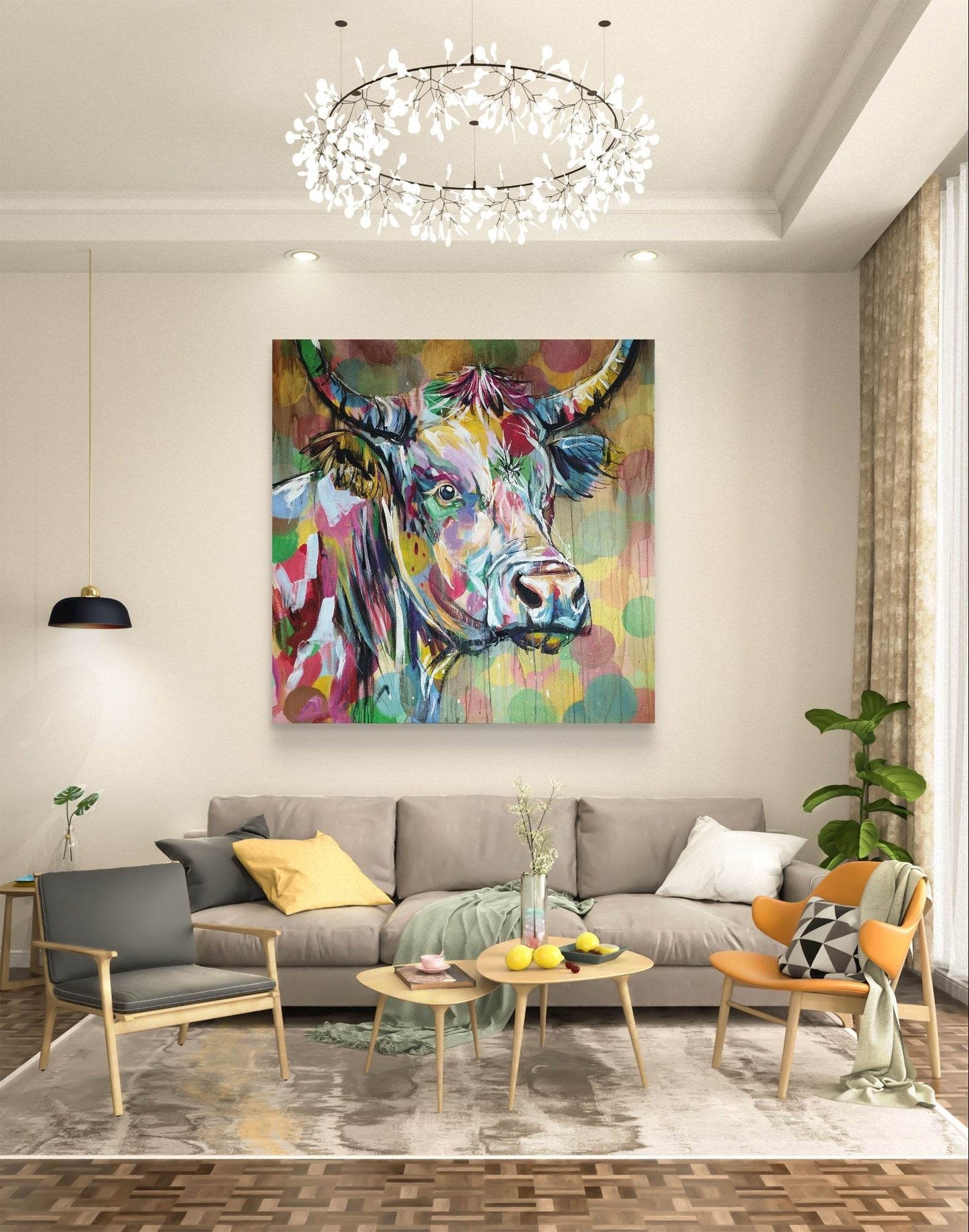 H1Z ART Acrylbild Gemälde bunte Kuh – handgemaltes Original Acrylbild (120 x 120 cm)