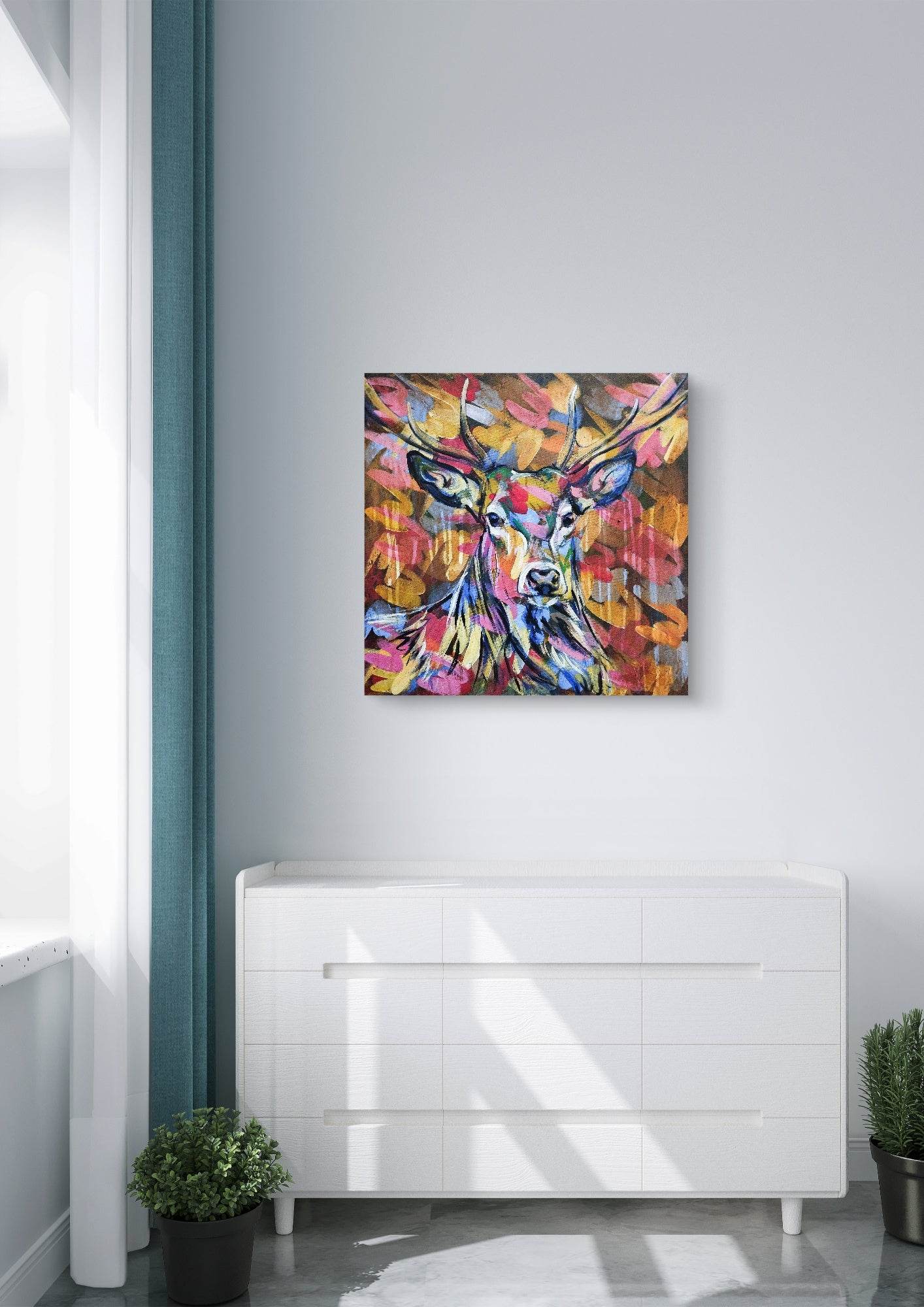H1Z ART Acrylbild Gemälde Reh im Abendrot – handgemaltes Original Acrylbild (60 x 60 cm)