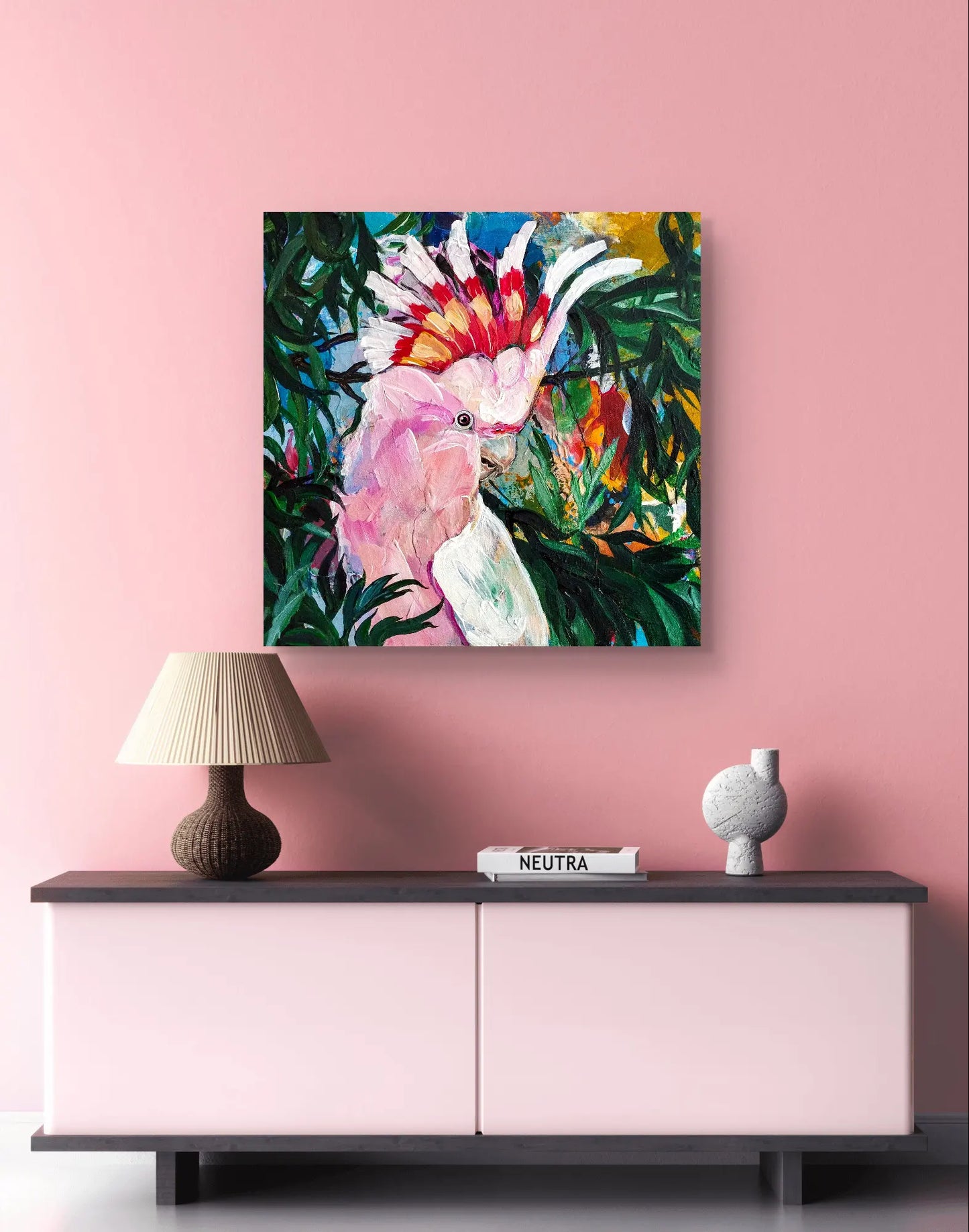 H1Z ART Acrylbild Gemälde Versteckter Rosakakadu – handgemaltes Original Acrylbild (40 x 40 cm)