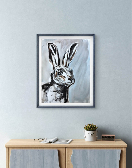 Expressiv-realistisches Aquarellbild "Der Blick des Hasen" (30 × 40 cm) auf Leinwand von H1Z ART in lebendiger Atmosphäre