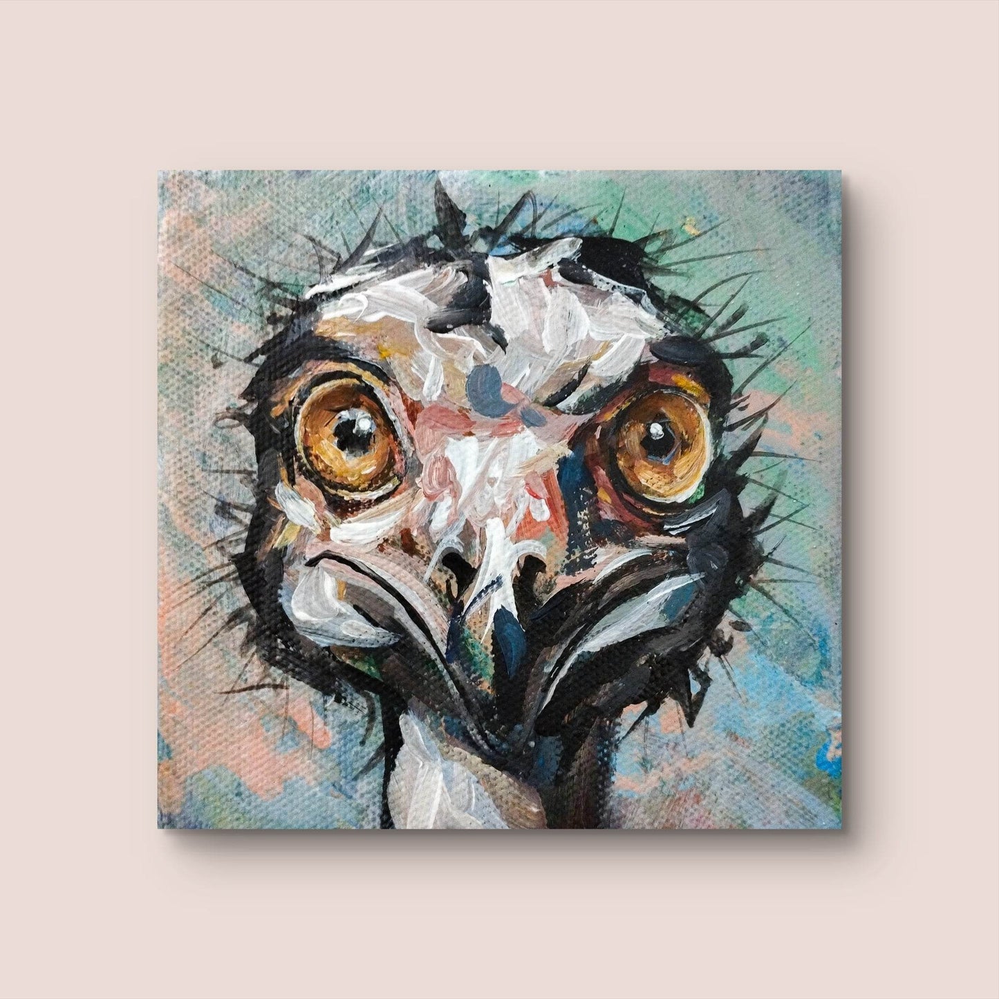 Gemälde Strauß – handgemaltes Original Acrylbild (10 x 10 cm)