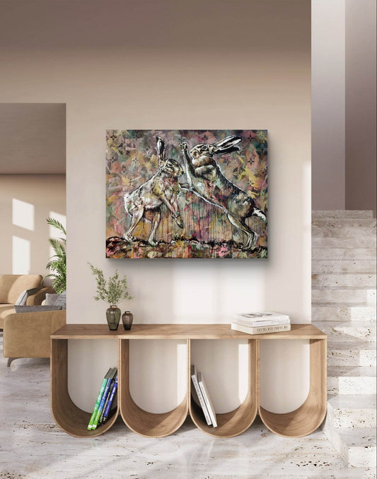 Expressiv-realistisches Gemälde zwei Hasen – handgemaltes Original Acrylbild (100 x 80 cm) auf Leinwand von H1Z ART in lebendiger Atmosphäre