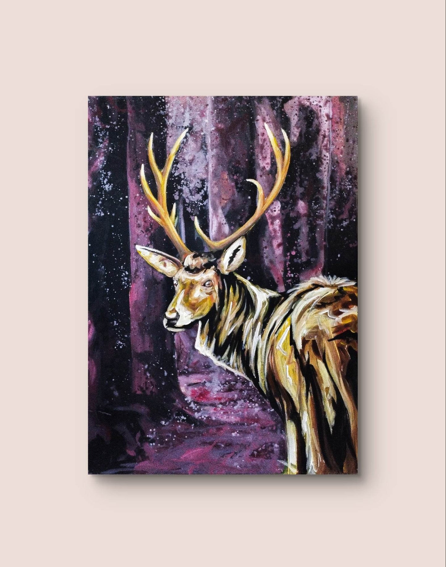 H1Z ART Acrylbild Gemälde Goldener Reh – handgemaltes Original Acrylbild (50 x 70 cm)