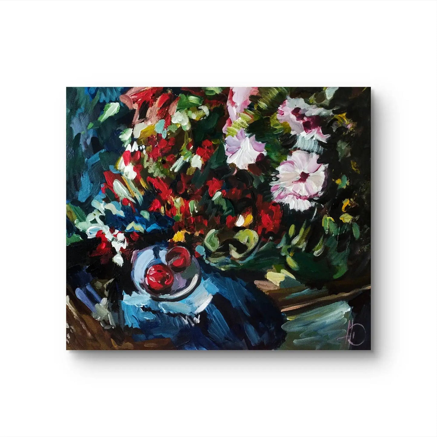 Expressiv-realistisches Gemälde Astern und Tomaten – handgemaltes Original Acrylbild (43 x 50 cm) auf Leinwand von H1Z ART in lebendiger Atmosphäre