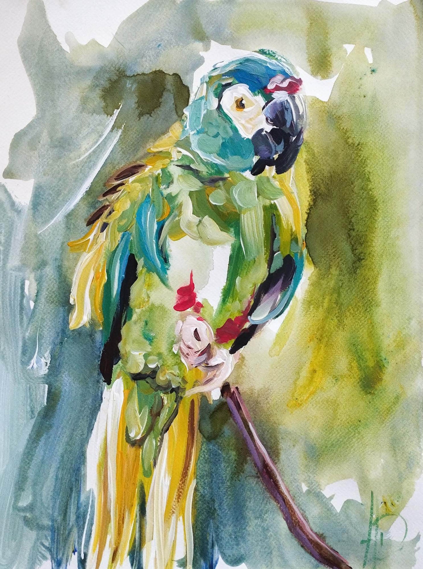 H1Z ART Acrylbild Aquarellbild "Papagei im Grün" (30 × 40 cm)