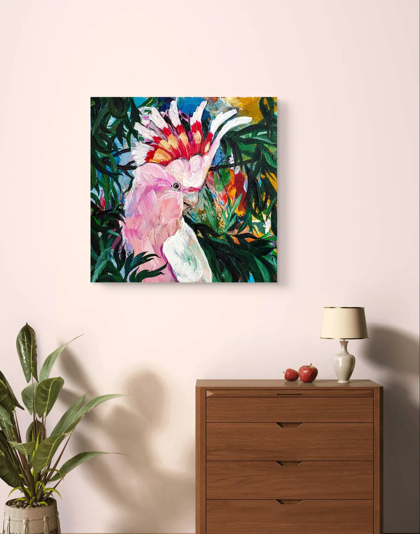 H1Z ART Acrylbild Gemälde Versteckter Rosakakadu – handgemaltes Original Acrylbild (40 x 40 cm)