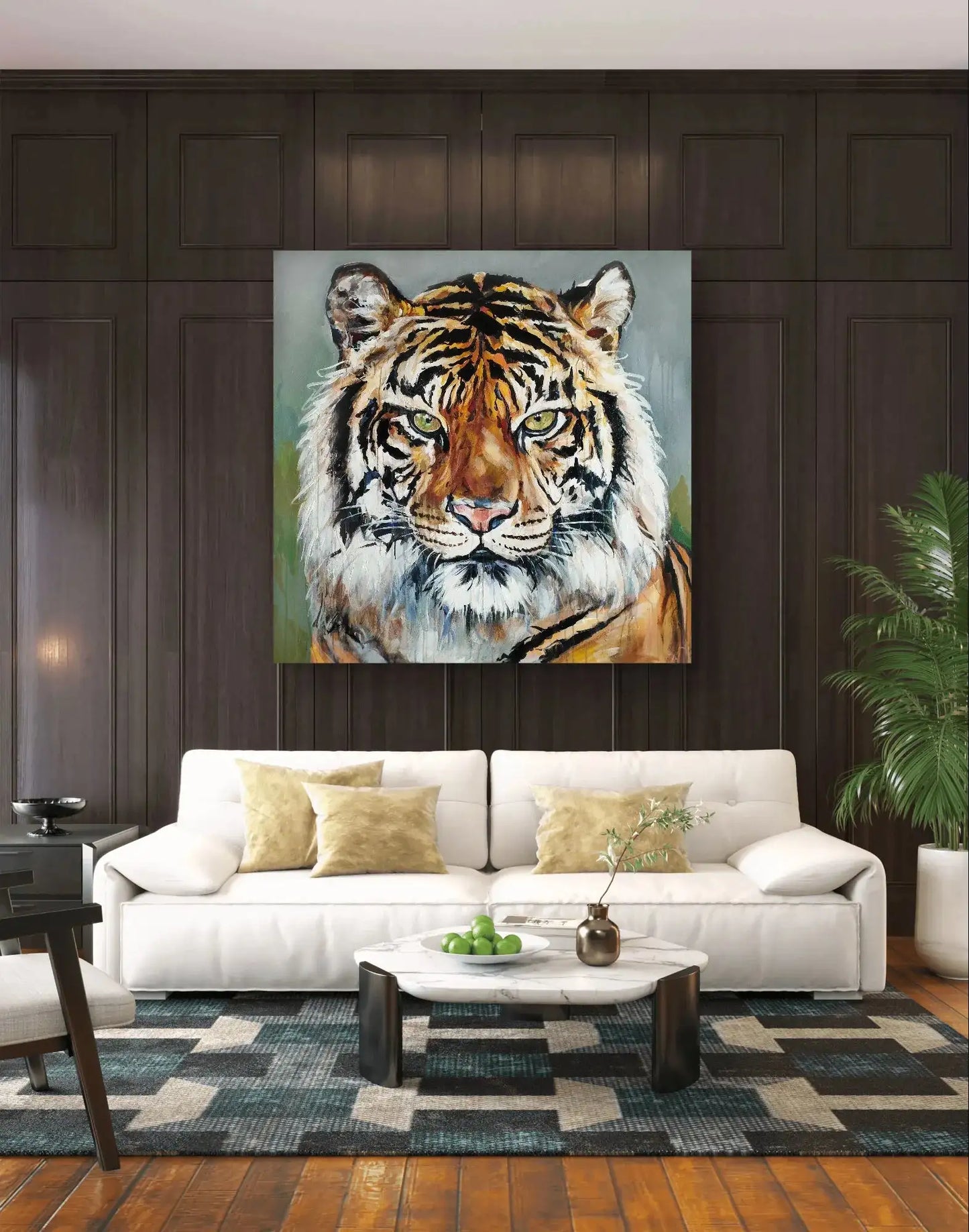 Handgemaltes Tiger XXL Acrylgemälde 120×120 cm – intensiver Blick, Orange und Schwarz, Tierporträt