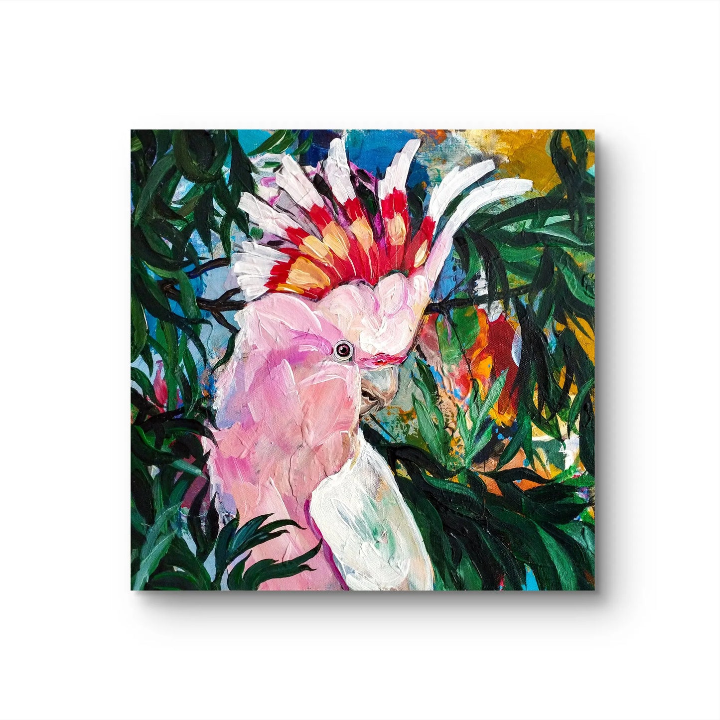 H1Z ART Acrylbild Gemälde Versteckter Rosakakadu – handgemaltes Original Acrylbild (40 x 40 cm)