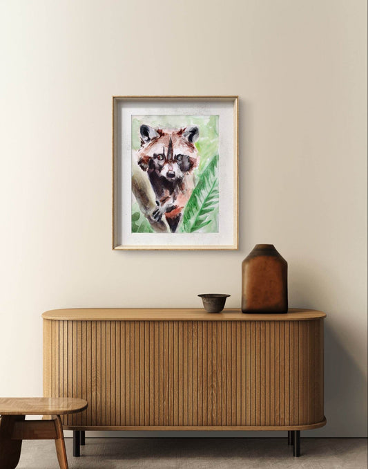 Expressiv-realistisches Aquarellbild "Waschbär" (30 × 40 cm) auf Leinwand von H1Z ART in lebendiger Atmosphäre