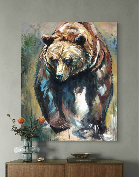 Expressiv-realistisches Gemälde Grizzly Bär – handgemaltes Original Acrylbild (110 x 89 cm) auf Leinwand von H1Z ART in lebendiger Atmosphäre