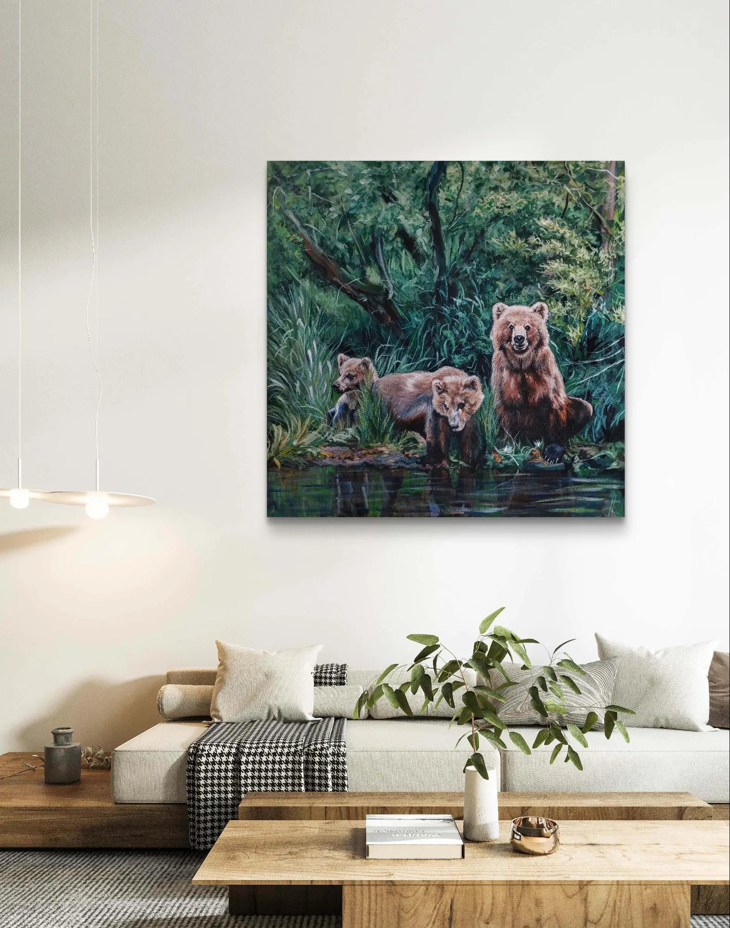 H1Z ART Acrylbild Gemälde Drei Bären im Wald – handgemaltes Original Acrylbild (100 x 100 cm)