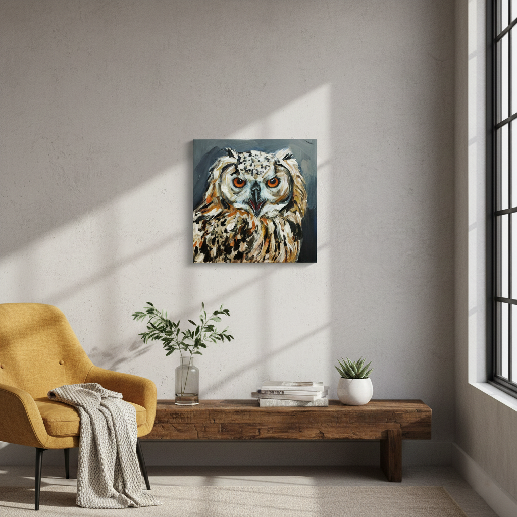 Eulen-Gemälde in Acryl über niedrigem Holz-Sideboard vor heller Betonwand mit gelbem Sessel.