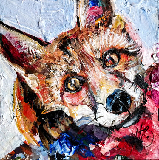 Vollbild Acrylgemälde Fuchs-Porträt in knalligen Farben. Handgemalte Tierkunst mit extrem pastoser Textur.
