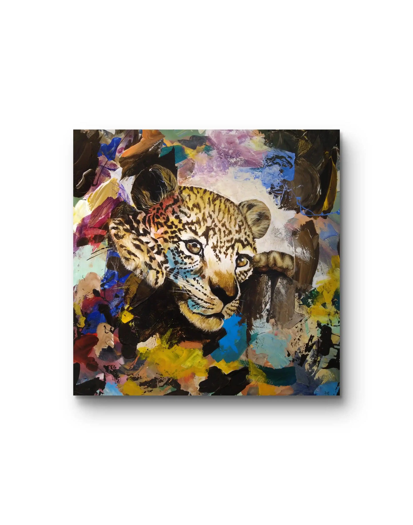Expressionistisches Leopard Tierporträt 90×90 cm – Gelb, Blau, Lila, Heinz Atelier Leipzig