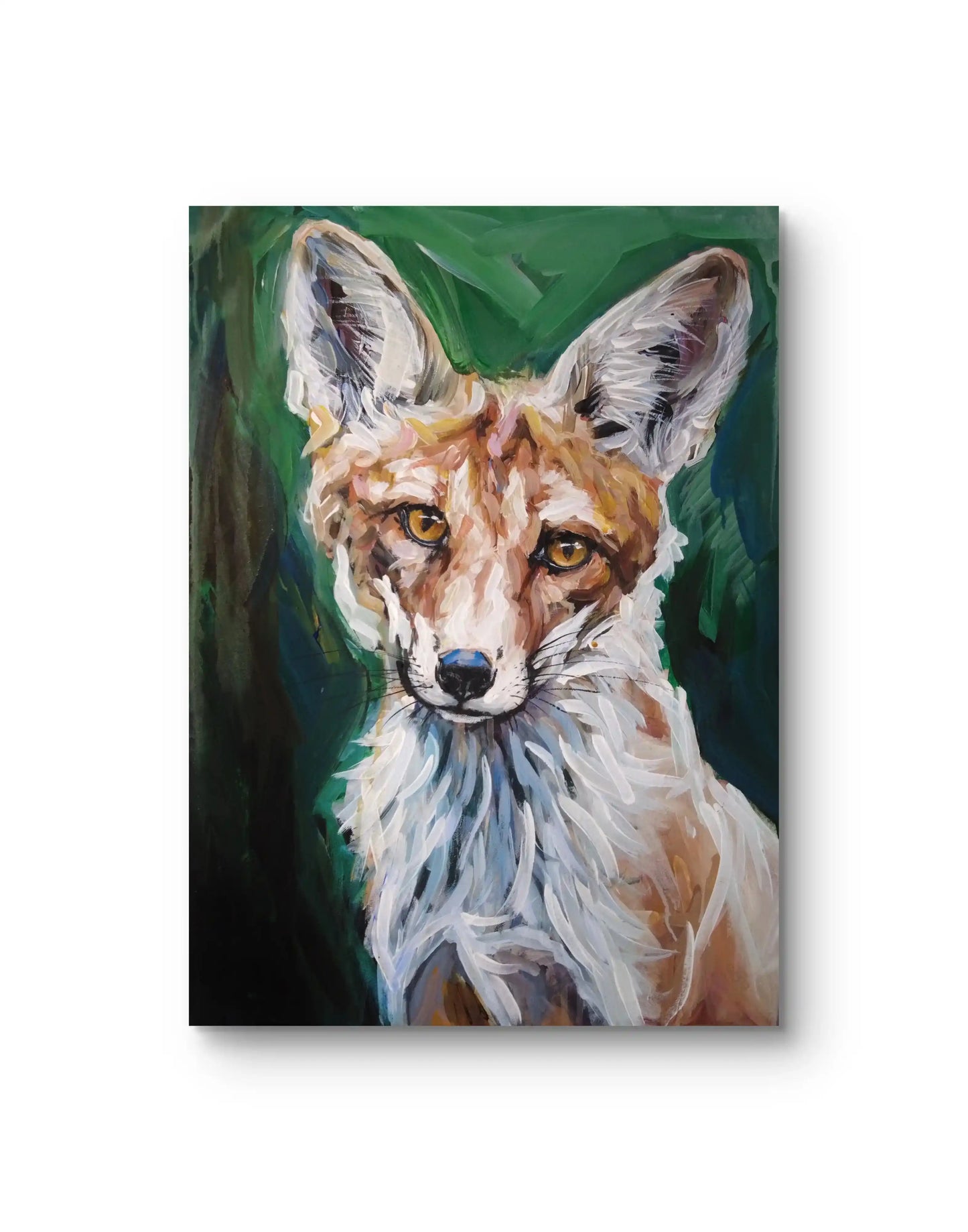 Acrylgemälde Fuchs – direkter Blick, große Ohren, Waldgrün-Hintergrund, handgemalt Original