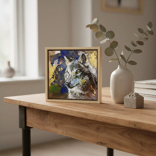Handgemaltes Wolf Gemälde auf Leinwand, kraftvolles Acrylbild für Regal, Kommode oder Büro