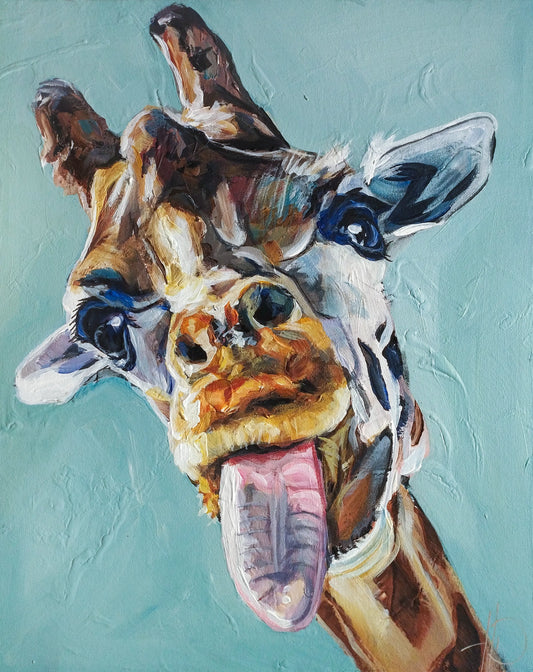 Vollbild des Gesichts vom Giraffen-Gemälde, zeigt pastose Pinselstriche und Textur des Fells.
