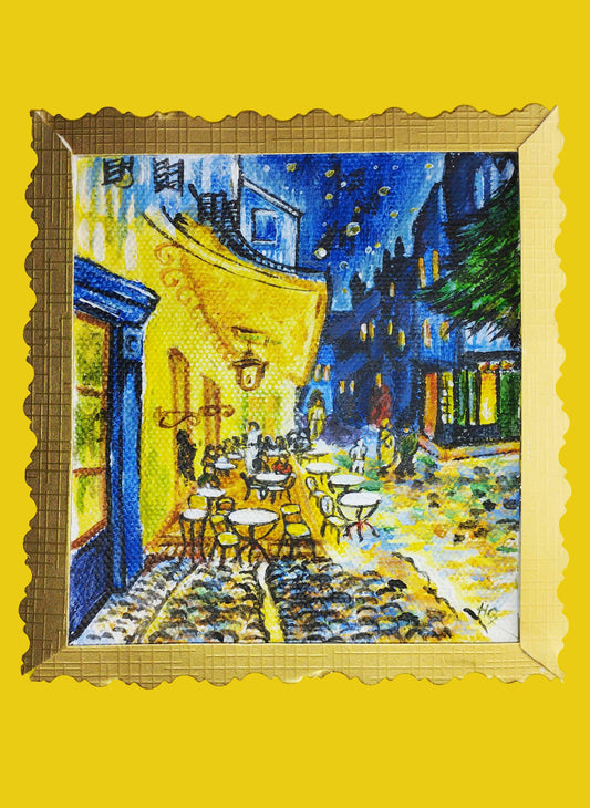 Expressiv-realistisches Grußkarte "Caféterrasse am Abend nach Van Gogh" – Handgemalt auf Leinwand von H1Z ART in lebendiger Atmosphäre