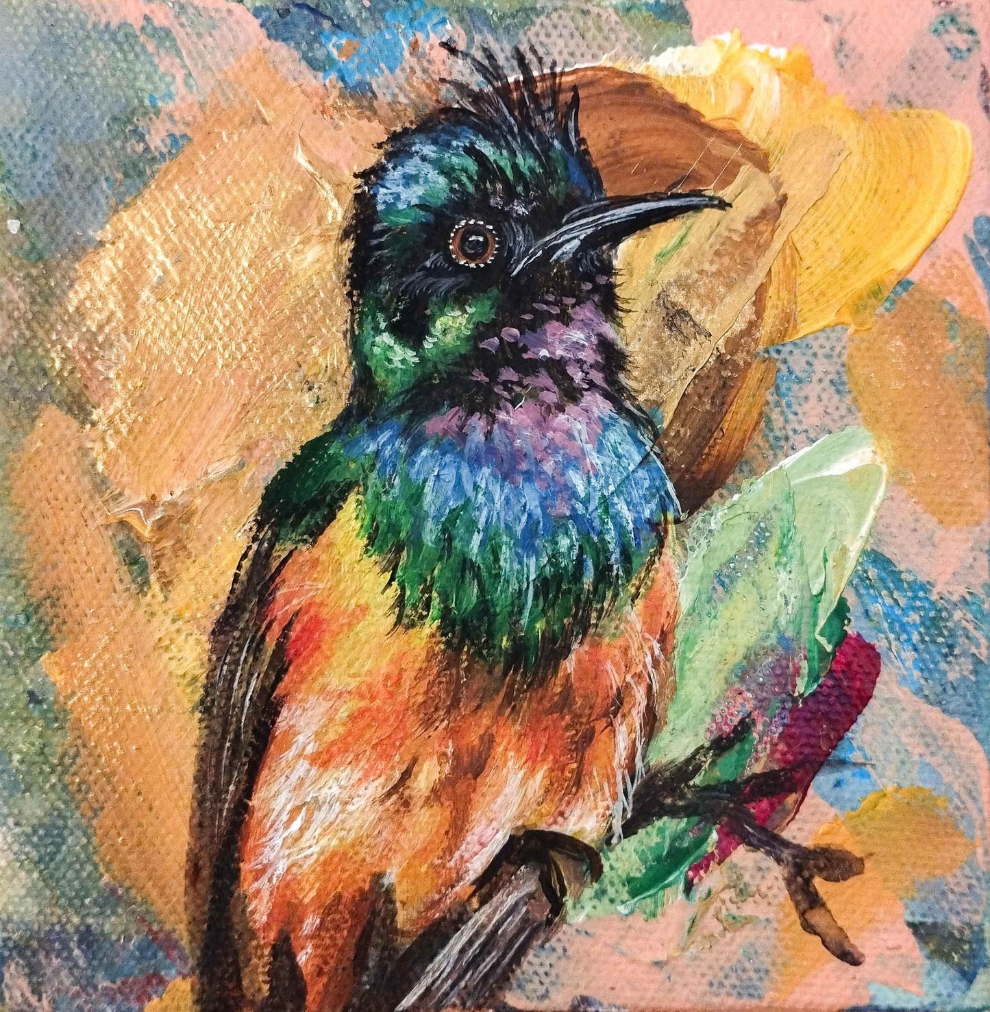 H1Z ART Acrylbild Gemälde Goldbrust-Nektarvogel – handgemaltes Original Acrylbild (10 x 10 cm)