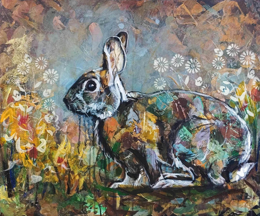 Expressiv-realistisches Gemälde Kaninchen im Blumengarten – handgemaltes Original Acrylbild (50 x 60 cm) auf Leinwand von H1Z ART in lebendiger Atmosphäre