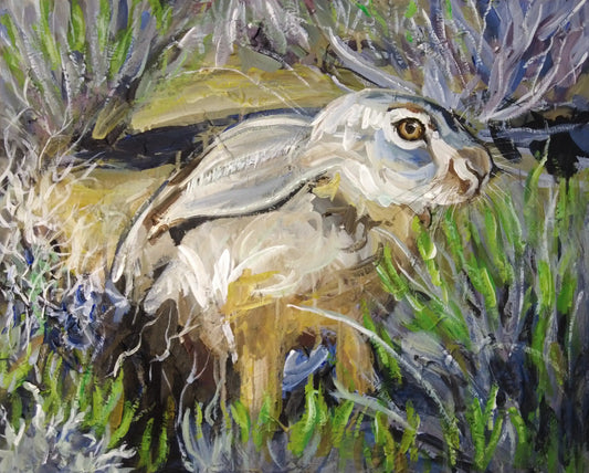 Handgemaltes Hase Acrylgemälde 40×50 cm – Feldhase in Lavendeldämmerung, Großformat-Tierportrait auf Leinwand