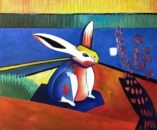 Expressiv-realistisches Gemälde abstrakt Kaninchen – handgemaltes Original Acrylbild (50 x 60 cm) auf Leinwand von H1Z ART in lebendiger Atmosphäre