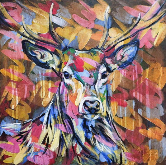 Handgemaltes Reh im Abendrot Acrylgemälde 60×60 cm – farbenfrohes Wildtierporträt auf Leinwand