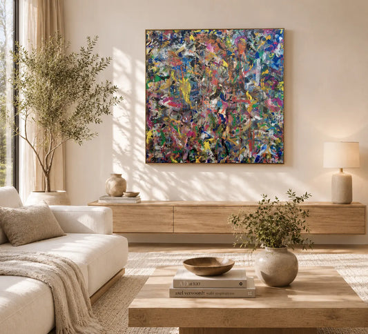 Das abstrakte Acrylgemälde präsentiert in einem modern eingerichteten Wohnzimmer über einem Sideboard, um einen Eindruck der Wirkung im Raum zu vermitteln.