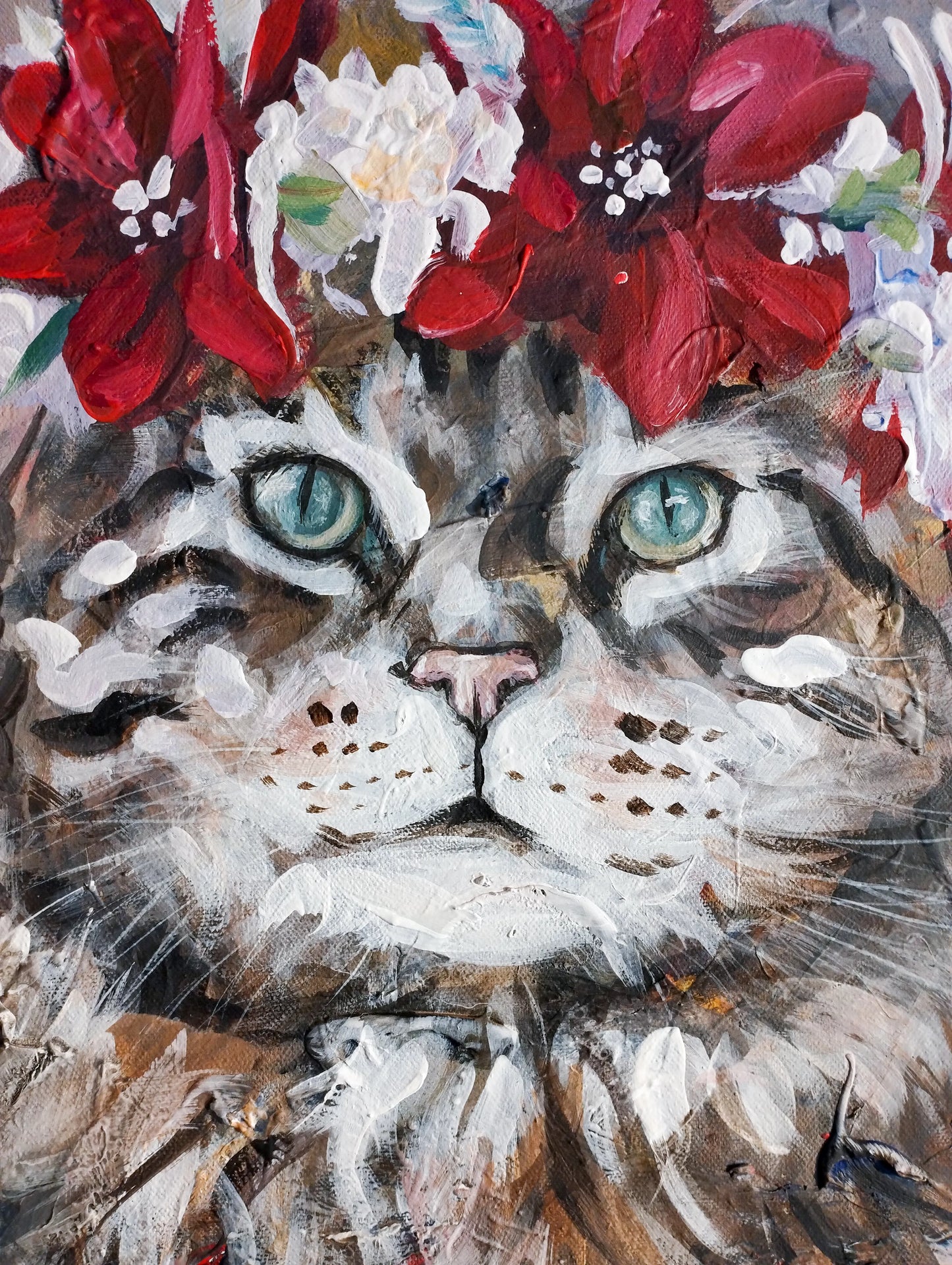 H1Z ART Acrylbild Gemälde Katze im Blumenkranz – handgemaltes Original Acrylbild (40 x 50 cm)