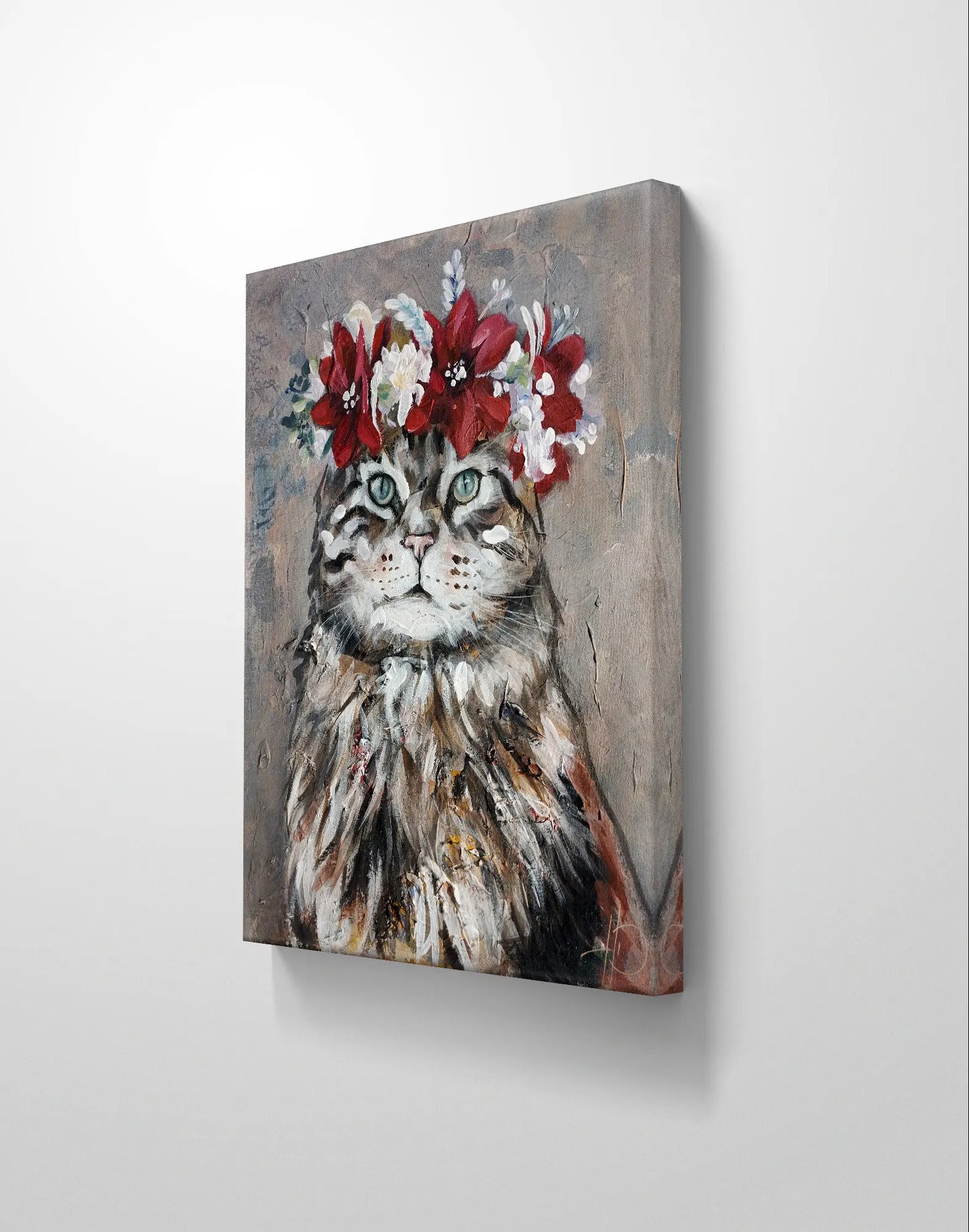 H1Z ART Acrylbild Gemälde Katze im Blumenkranz – handgemaltes Original Acrylbild (40 x 50 cm)