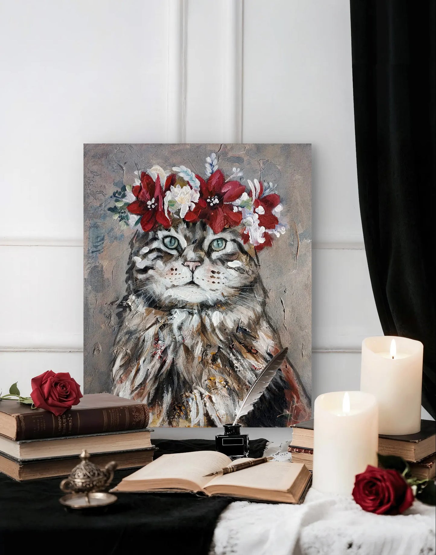 H1Z ART Acrylbild Gemälde Katze im Blumenkranz – handgemaltes Original Acrylbild (40 x 50 cm)