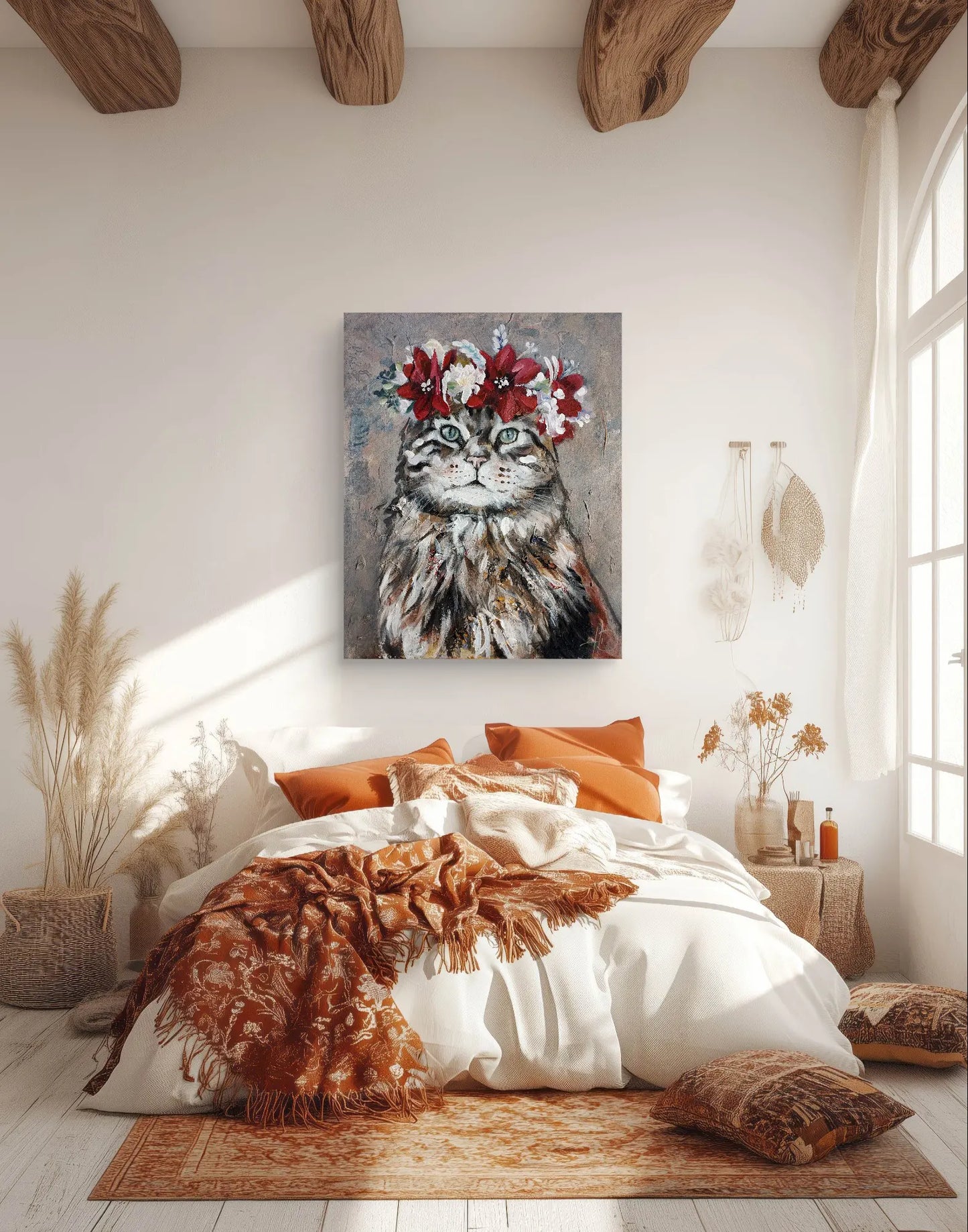 H1Z ART Acrylbild Gemälde Katze im Blumenkranz – handgemaltes Original Acrylbild (40 x 50 cm)