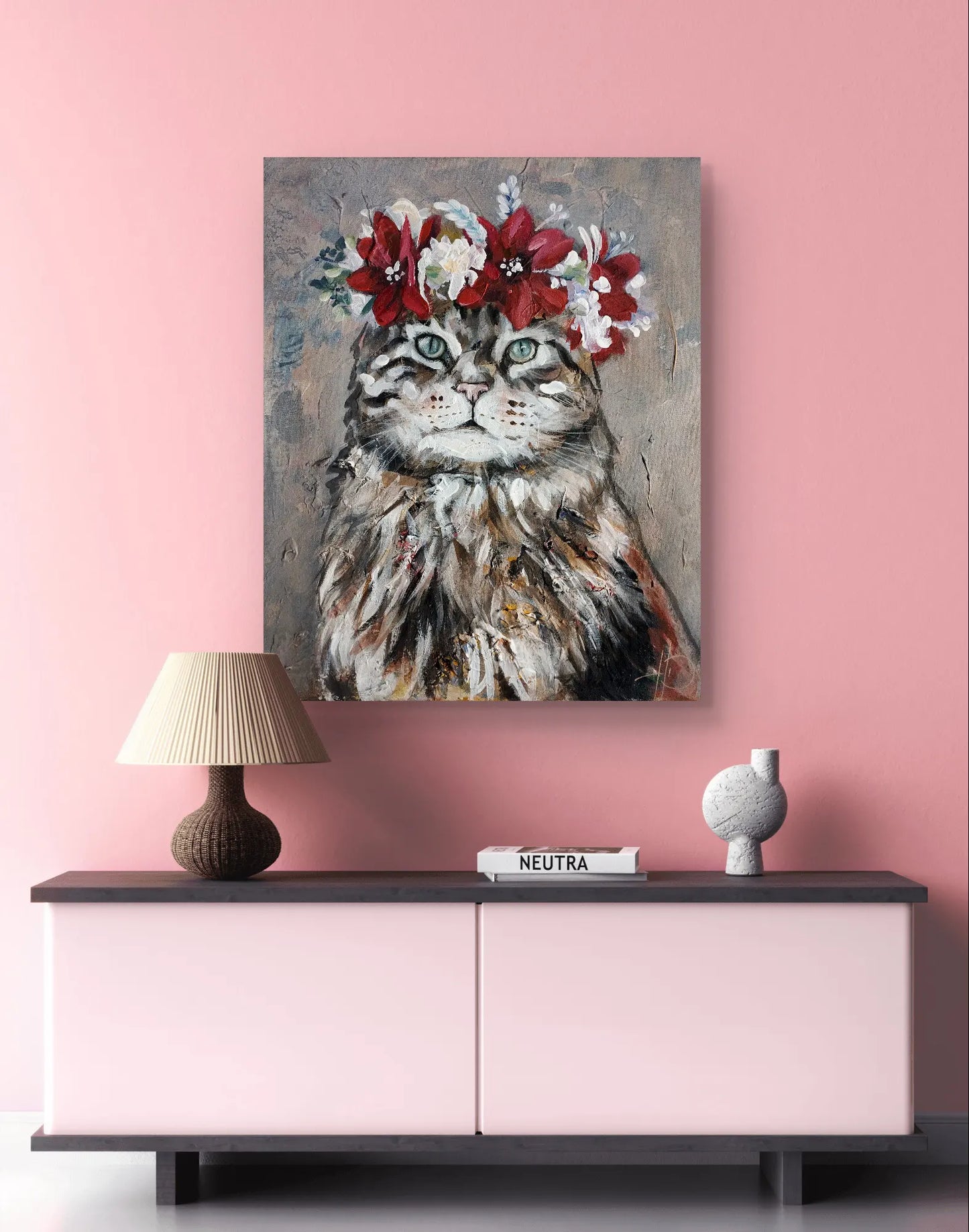 H1Z ART Acrylbild Gemälde Katze im Blumenkranz – handgemaltes Original Acrylbild (40 x 50 cm)