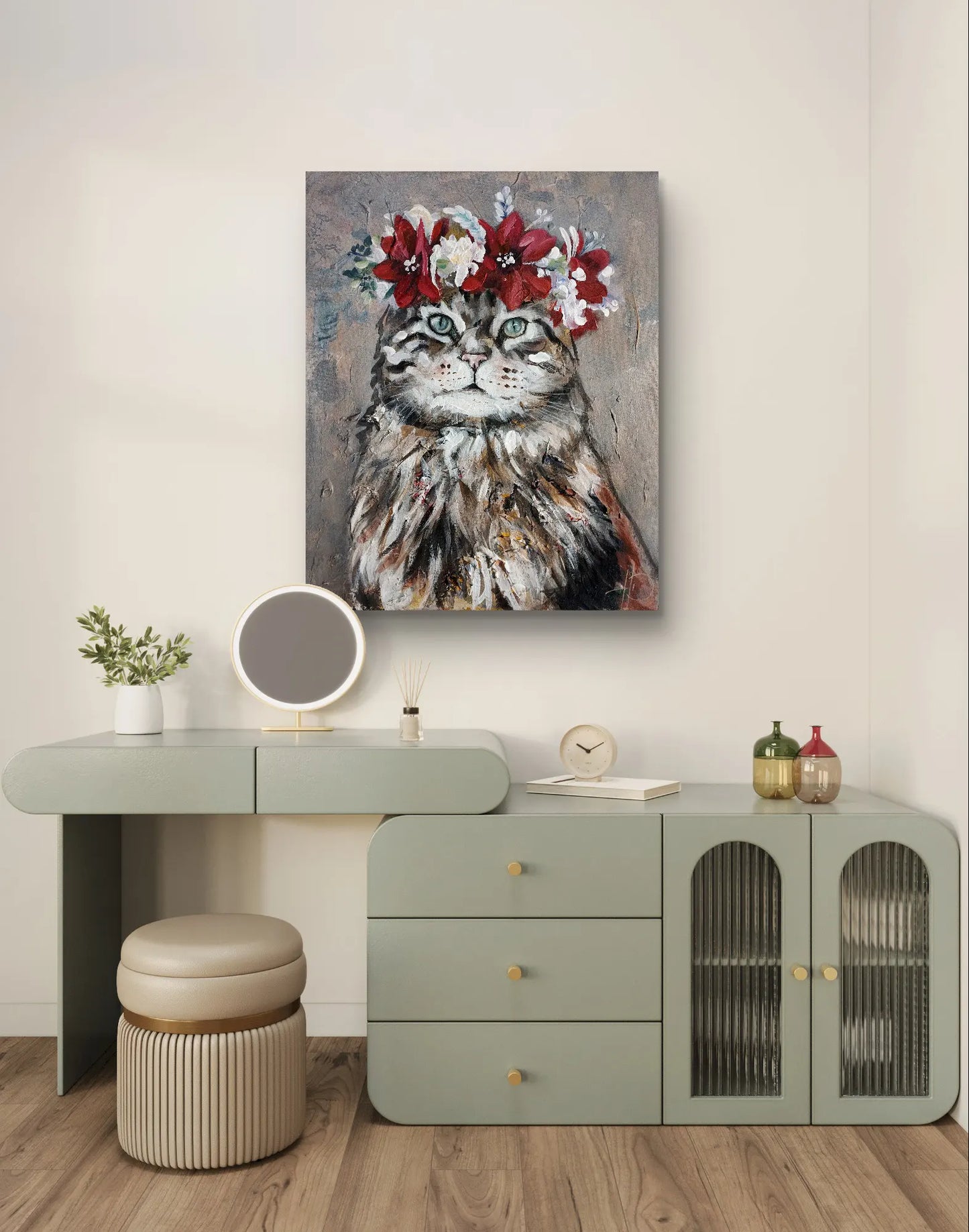 H1Z ART Acrylbild Gemälde Katze im Blumenkranz – handgemaltes Original Acrylbild (40 x 50 cm)