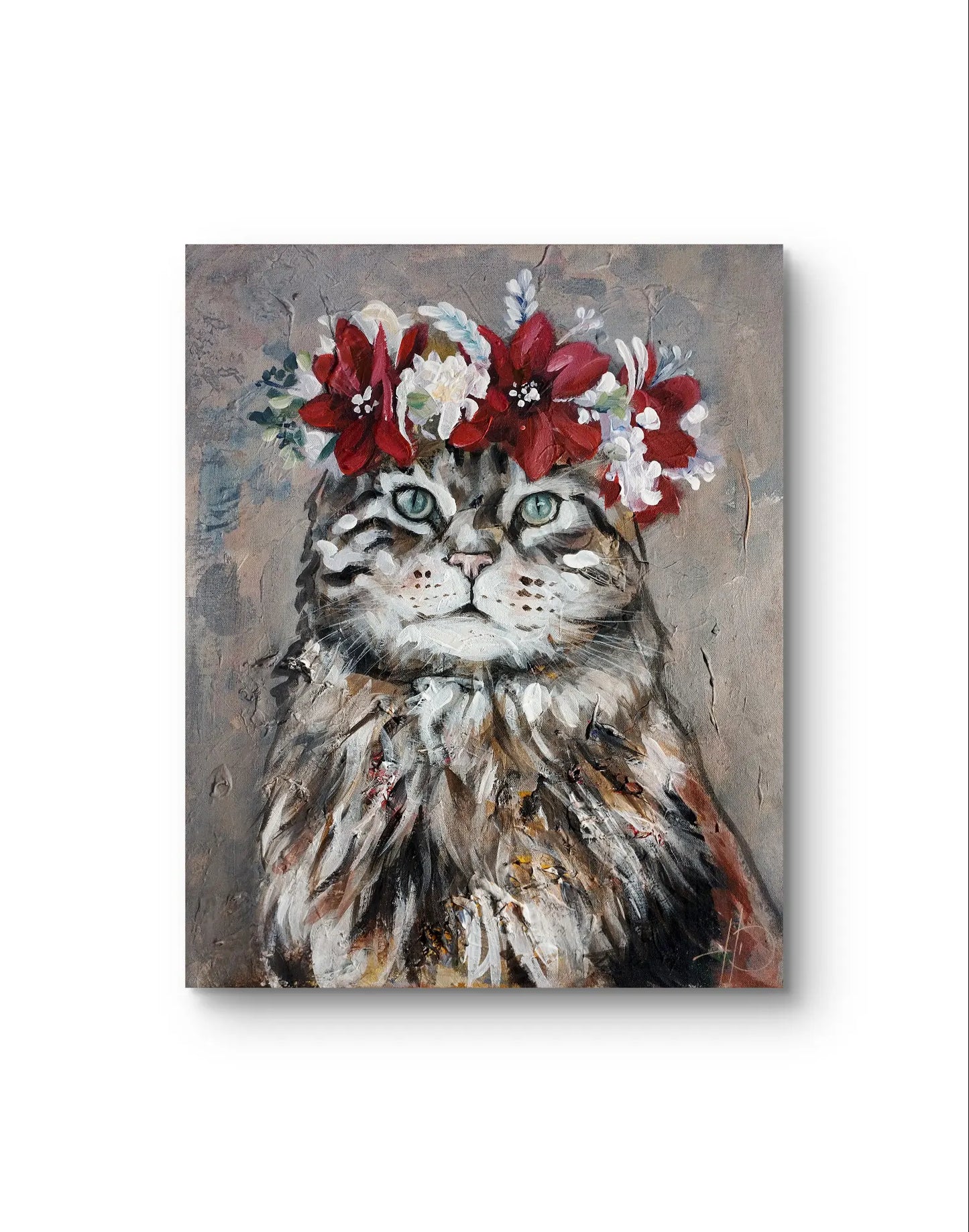 H1Z ART Acrylbild Gemälde Katze im Blumenkranz – handgemaltes Original Acrylbild (40 x 50 cm)