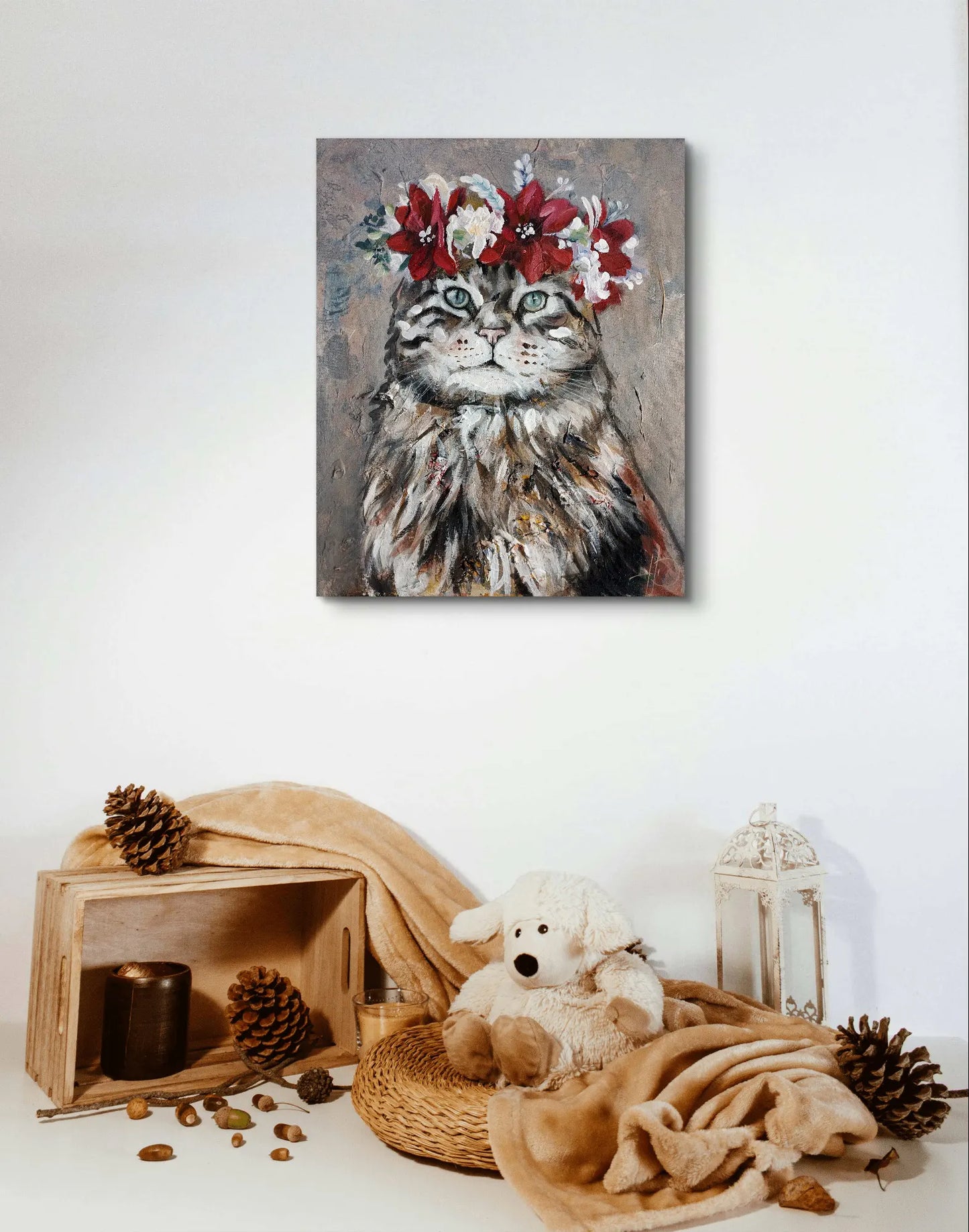 H1Z ART Acrylbild Gemälde Katze im Blumenkranz – handgemaltes Original Acrylbild (40 x 50 cm)