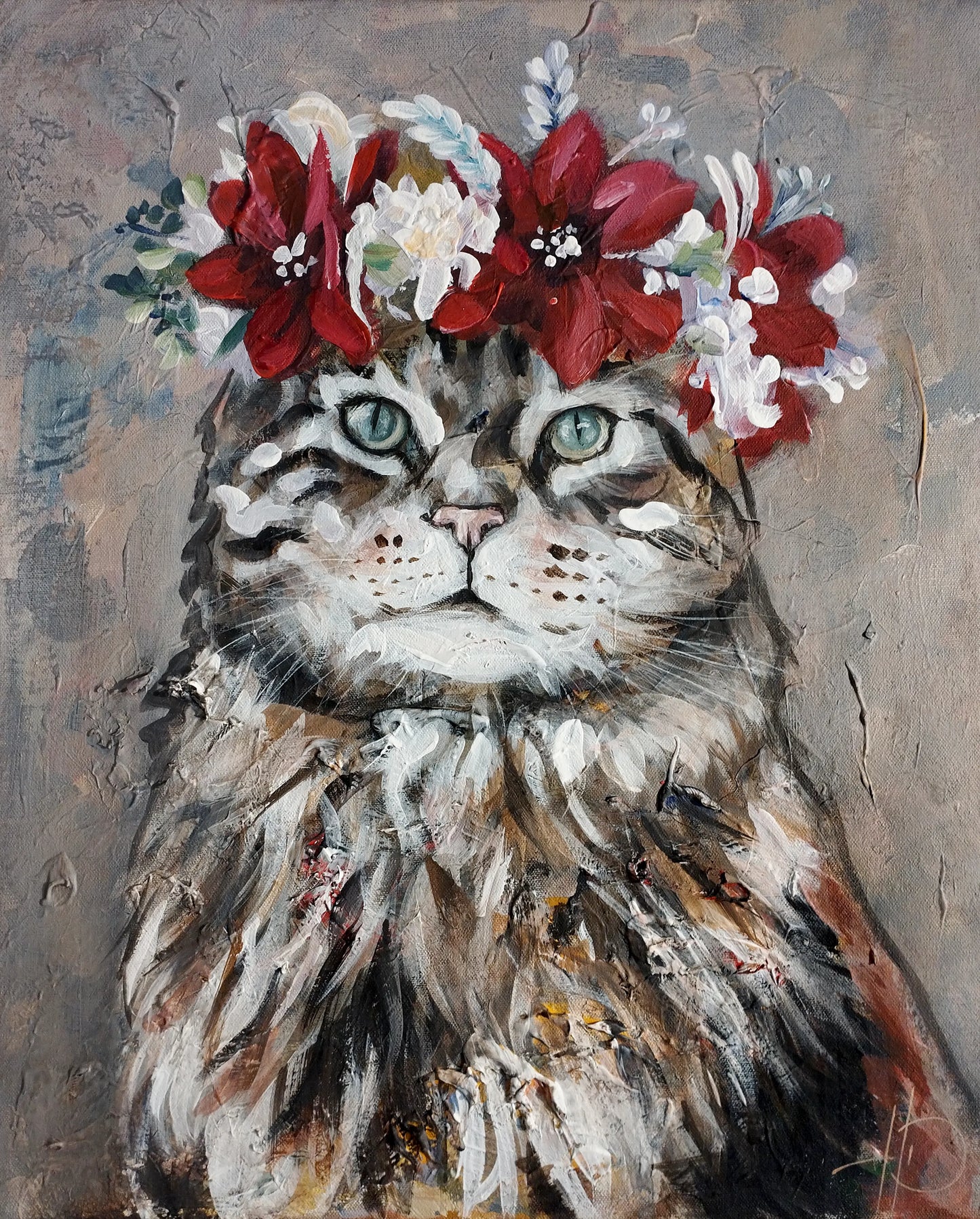 H1Z ART Acrylbild Gemälde Katze im Blumenkranz – handgemaltes Original Acrylbild (40 x 50 cm)