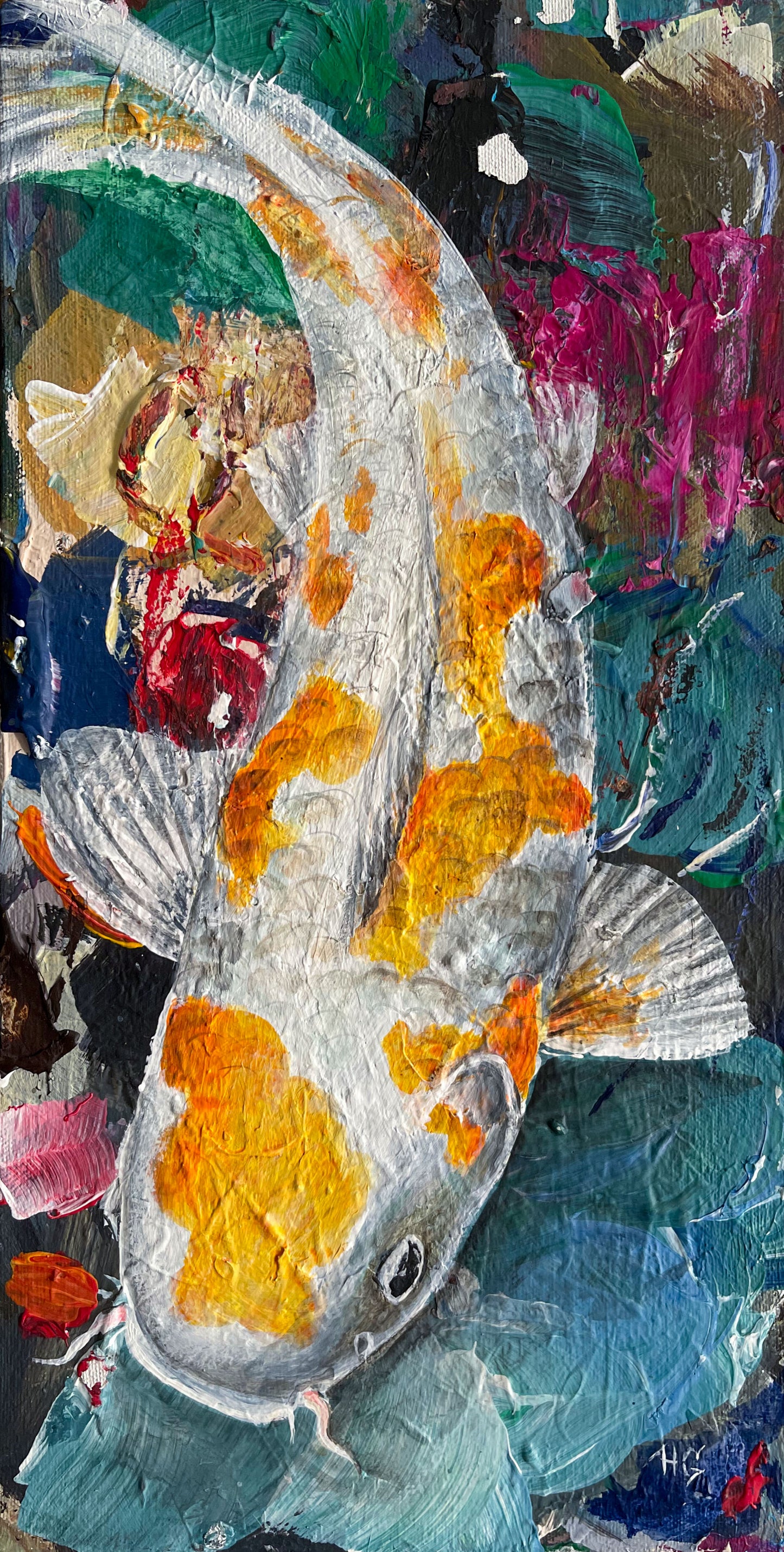 Original Acrylgemälde Koi-Karpfen, bunter abstrakter Hintergrund auf
Leinwand – handgemalte Tierkunst von Heinz Atelier.