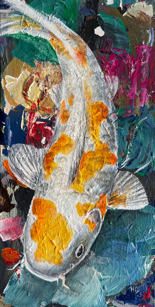 Original Acrylgemälde Koi-Karpfen, bunter abstrakter Hintergrund auf
Leinwand – handgemalte Tierkunst von Heinz Atelier.
