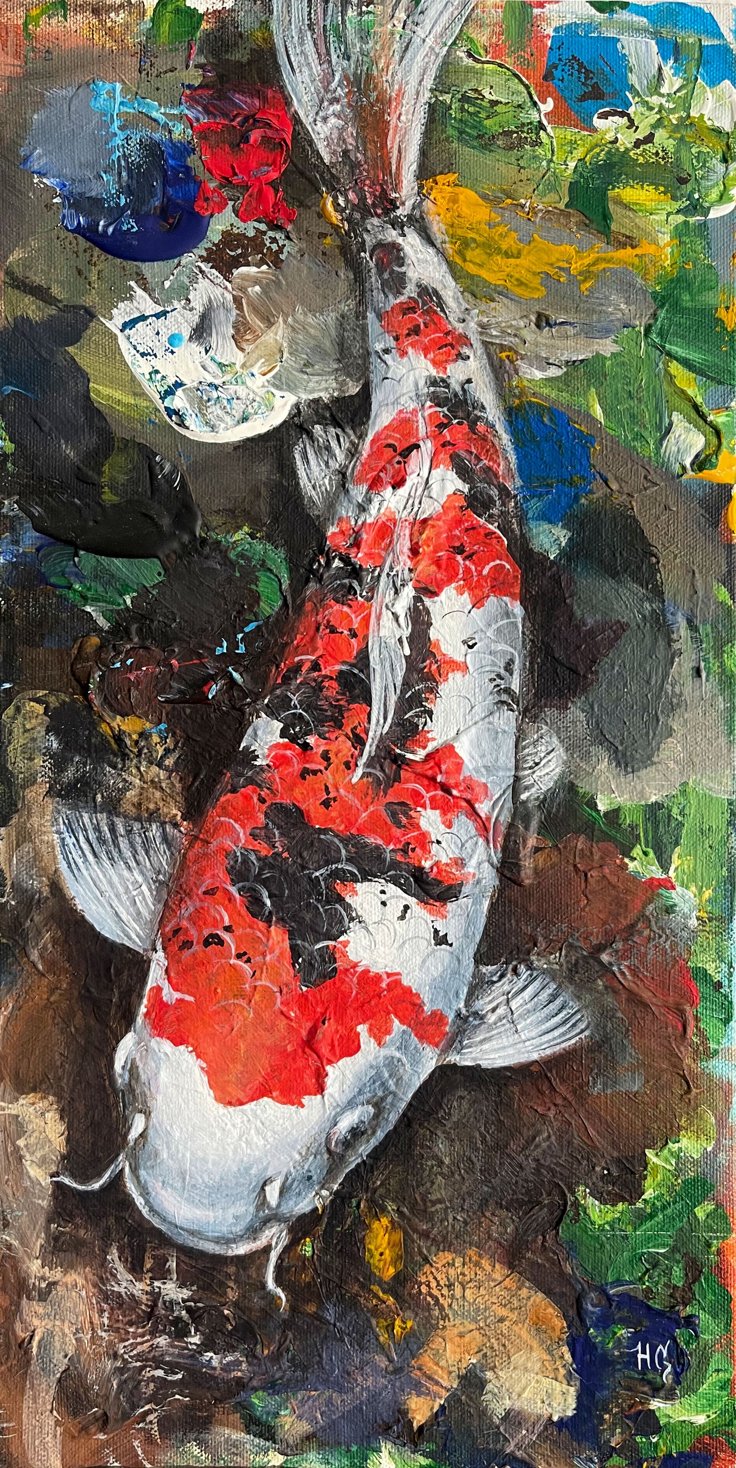 Original Acrylgemälde Koi-Karpfen, erdige Grün-/Brauntöne mit bunten
Akzenten auf Leinwand – handgemalte Tierkunst von Heinz Atelier.