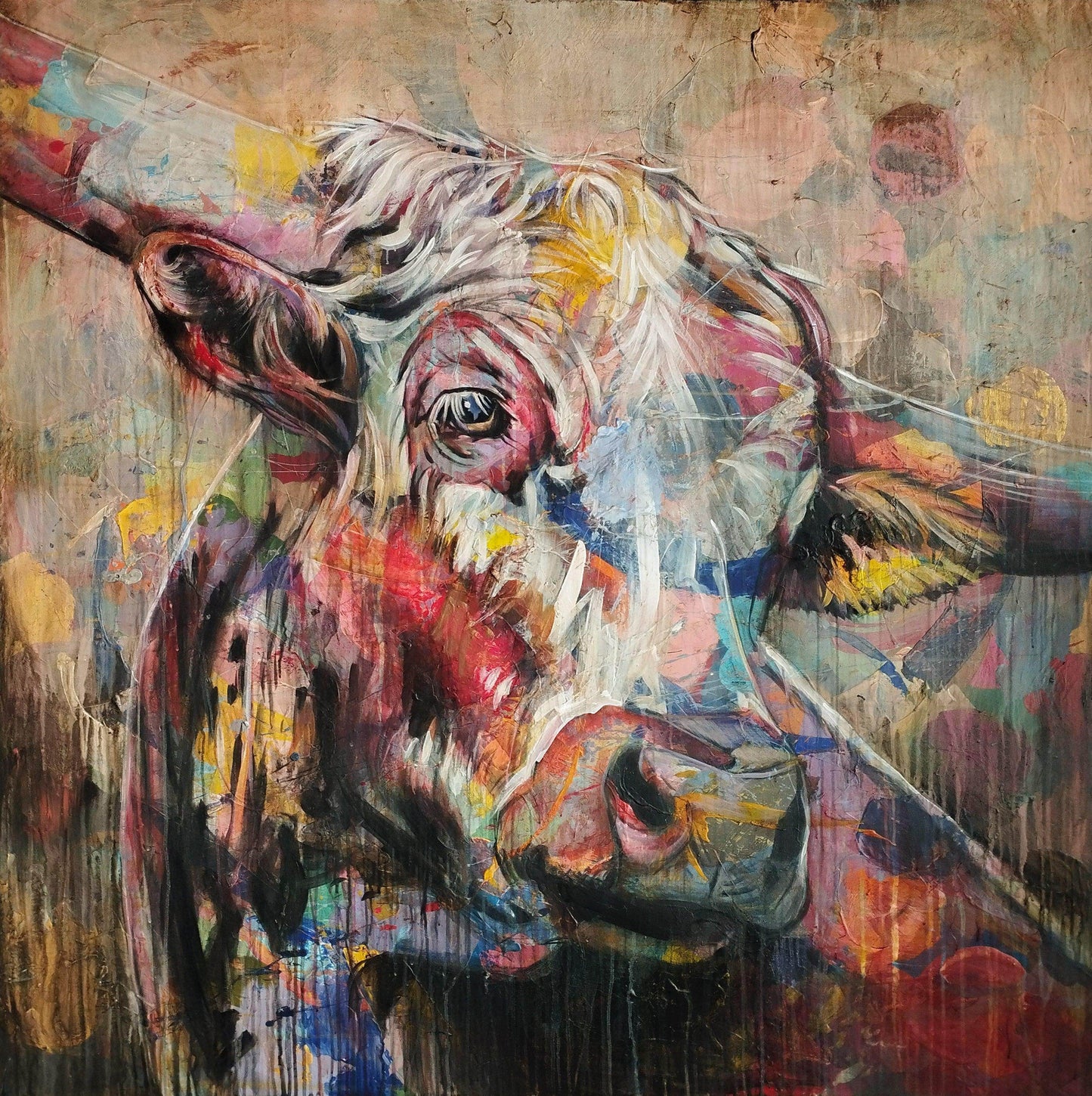 H1Z ART Acrylbild Gemälde Mozarts Kuh – handgemaltes Original Acrylbild (140 x 140 cm)