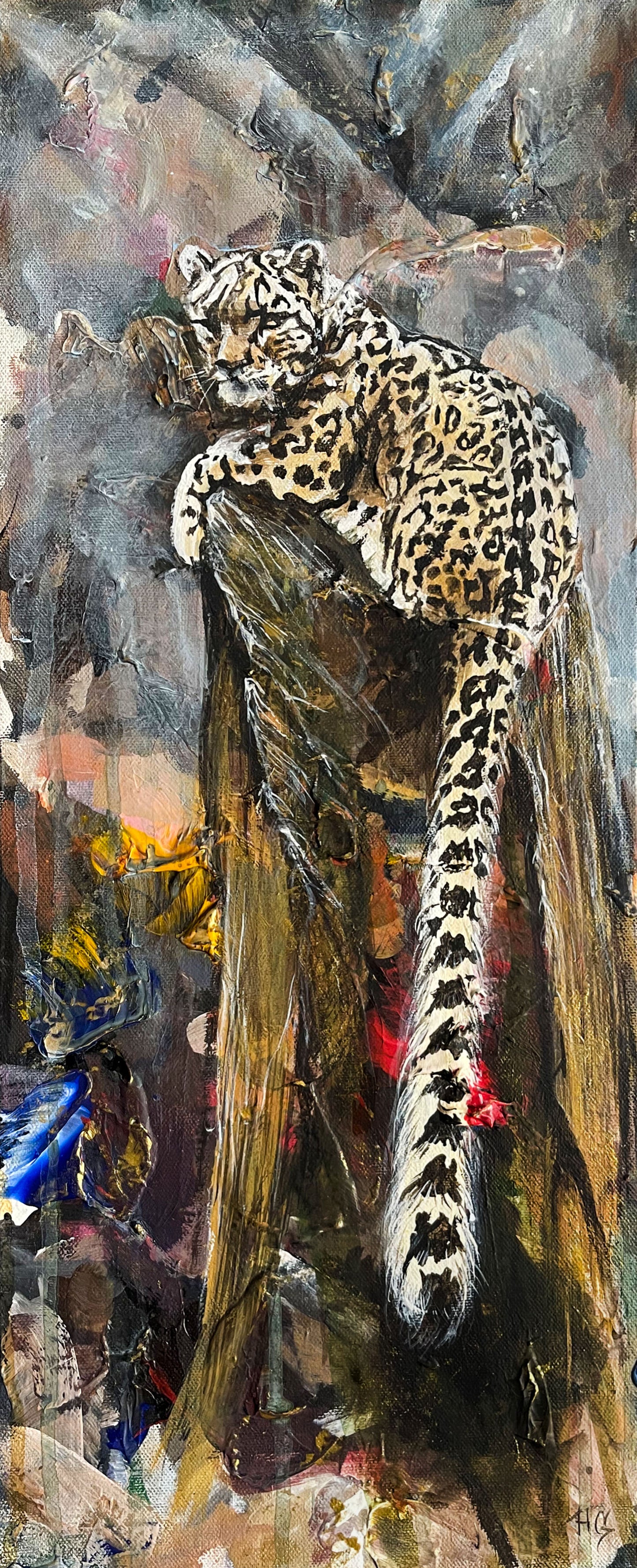 Original Acrylgemälde Leopard auf einem Baumstamm, abstrakter Hintergrund
auf Leinwand – handgemalte Tierkunst von Heinz Atelier.