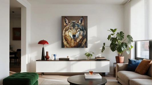 Expressives Löwen-Porträt-Gemälde über einer modernen dunkelgrauen Kommode im Wohnzimmer.